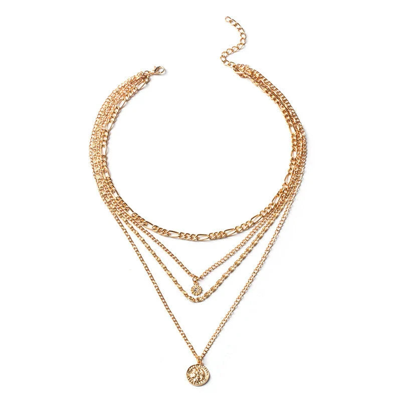 Glamorous layered gold coin necklace for women, featuring a delicate chain and shimmering gold coin charms