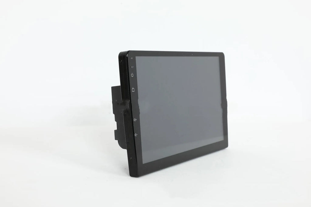 Black universal 10.1 inch Android car stereo touchscreen head unit with trapezoid panel