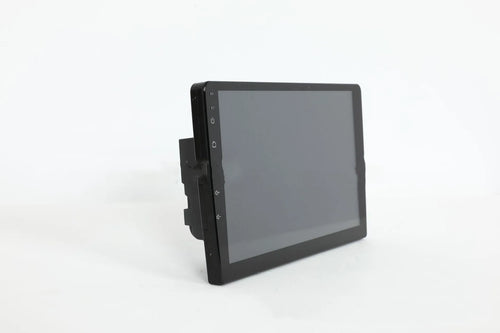 Black universal 10.1 inch Android car stereo touchscreen head unit with trapezoid panel