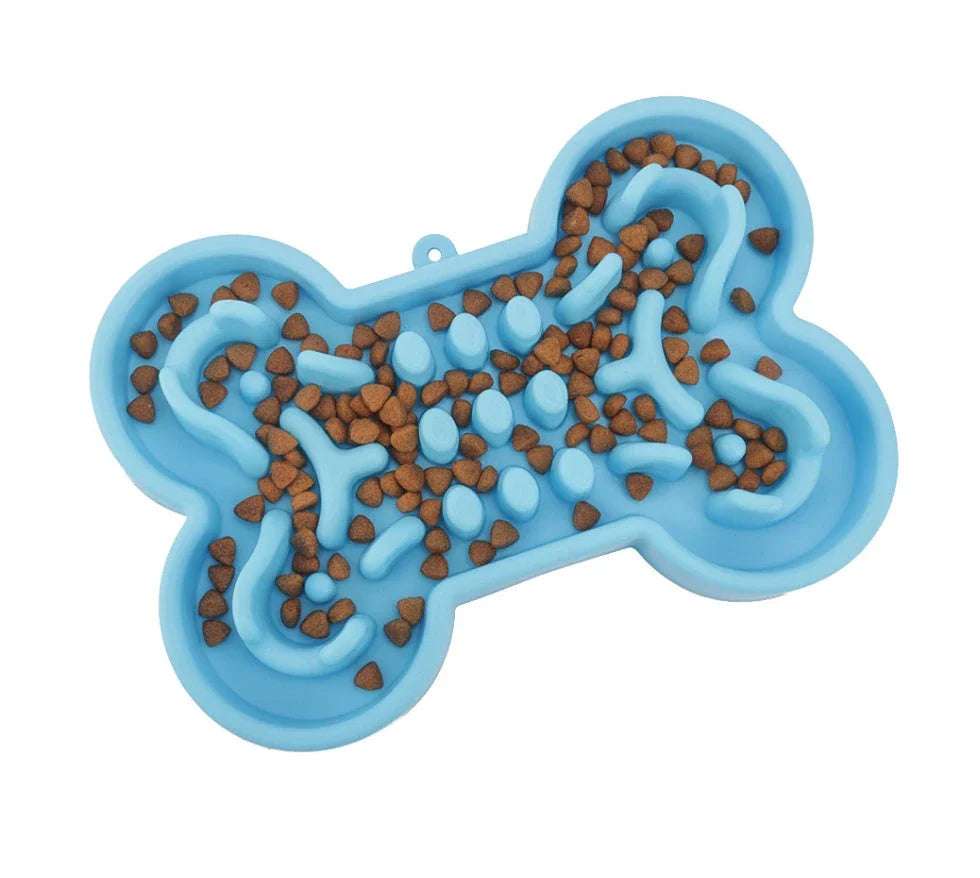 Slow-Feed Silicone Pet Bowl in various colours, featuring a design to encourage mindful eating and prevent bloating in dogs and cats.