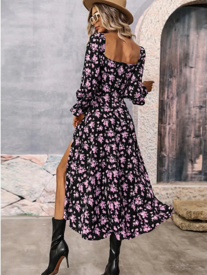 Floral print long sleeve dress with square neck and bottom slit in various colors