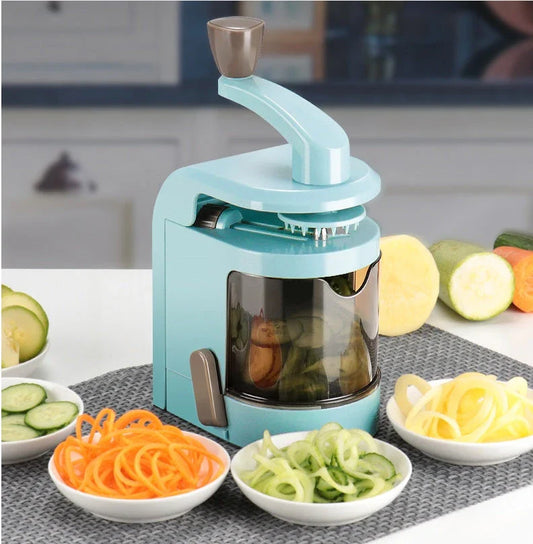 Versatile spiral vegetable slicer with transparent container, main body, cover plate, presser tooth, and handle