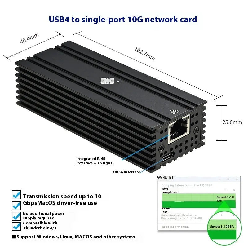 Black Leyu USB4 to 10 Gigabit Ethernet adapter with RJ45 port and short attached cable