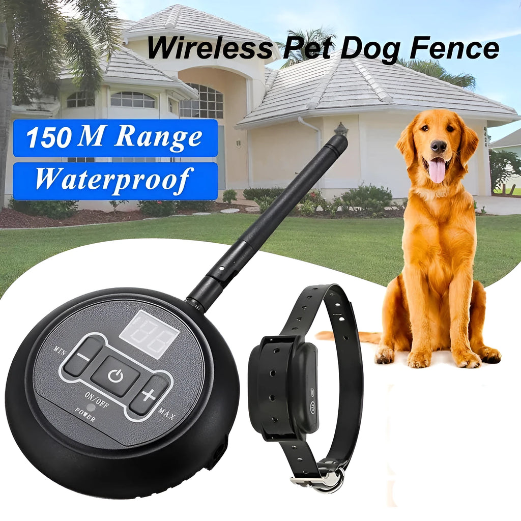 Wireless pet fence transmitter and receiver collar with ABS plastic and TPU construction, IP67 waterproof rating, 150 metre range.