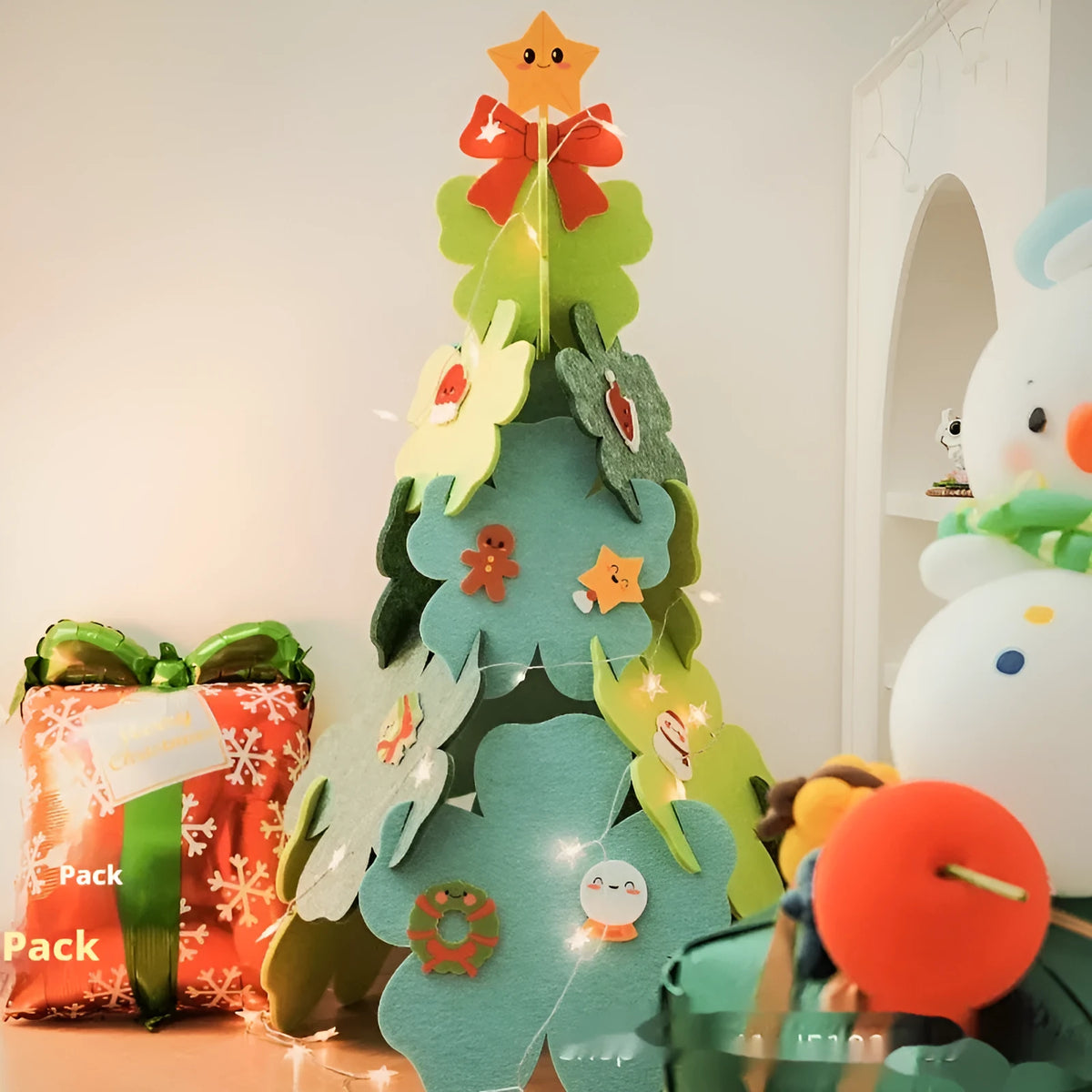 XINGX felt Christmas tree 110cm tall with star light on top, colourful layered fabric design