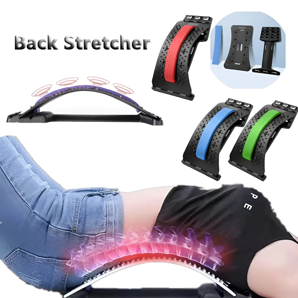 Adjustable back stretcher massager in trapezoid shape on a neutral background.