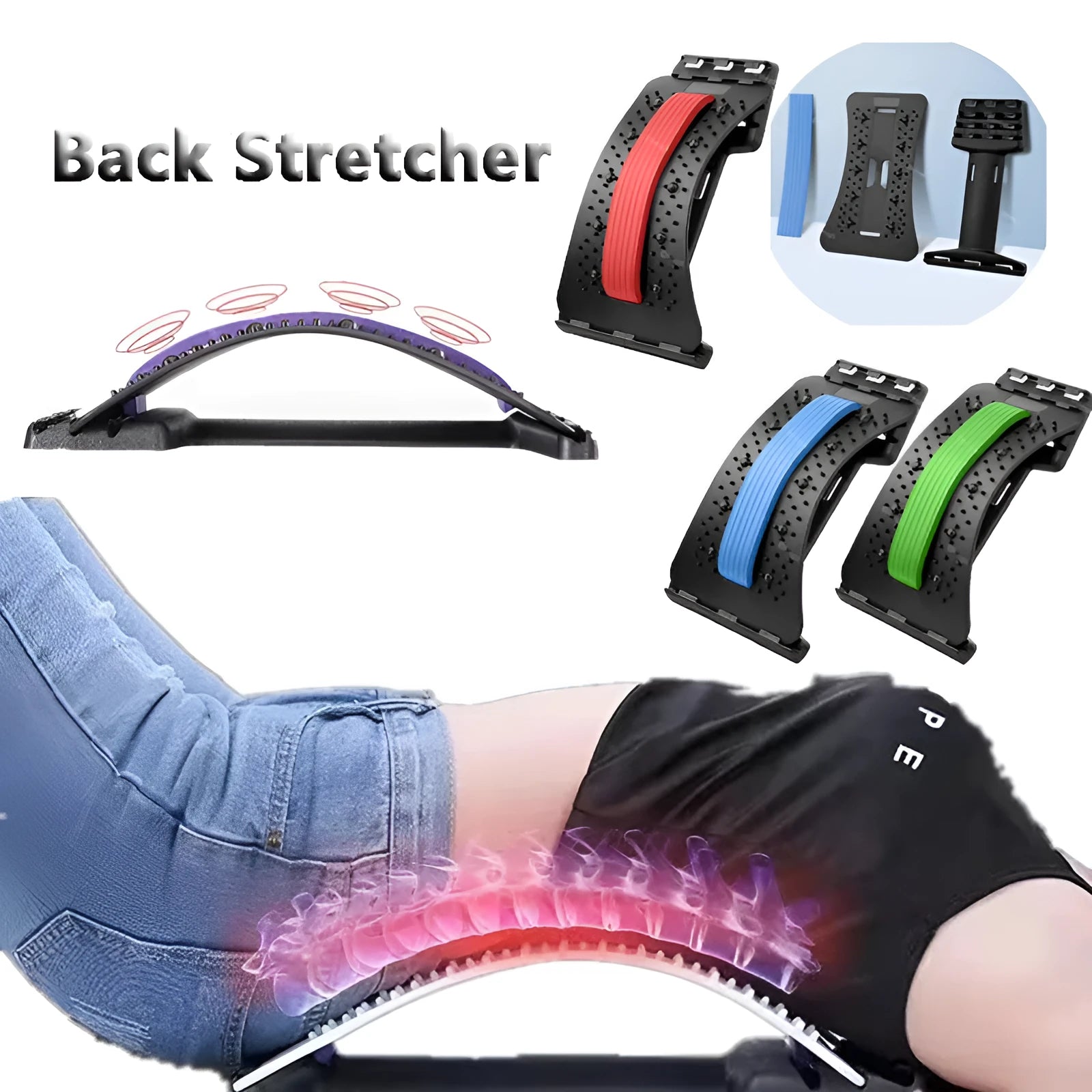 Adjustable back stretcher massager in trapezoid shape on a neutral background.
