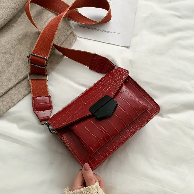 Vintage style PU crossbody bag in black, shown with dimensions for mobile phones and wallets