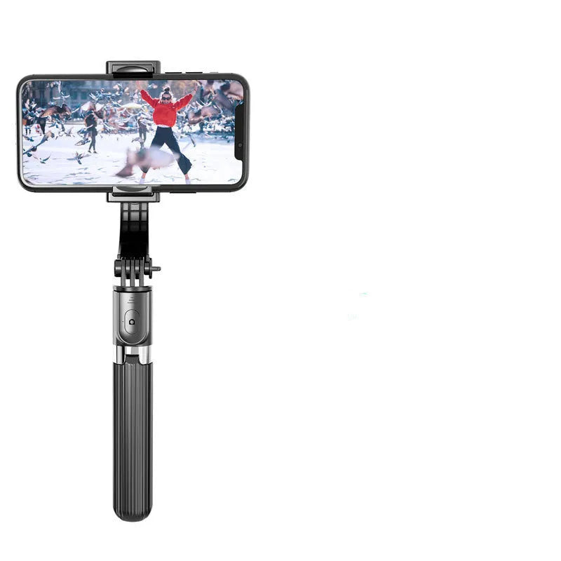 Wireless Bluetooth stabilizer selfie stick with anti-shake gyroscope, black finish, ABS and aluminium alloy body