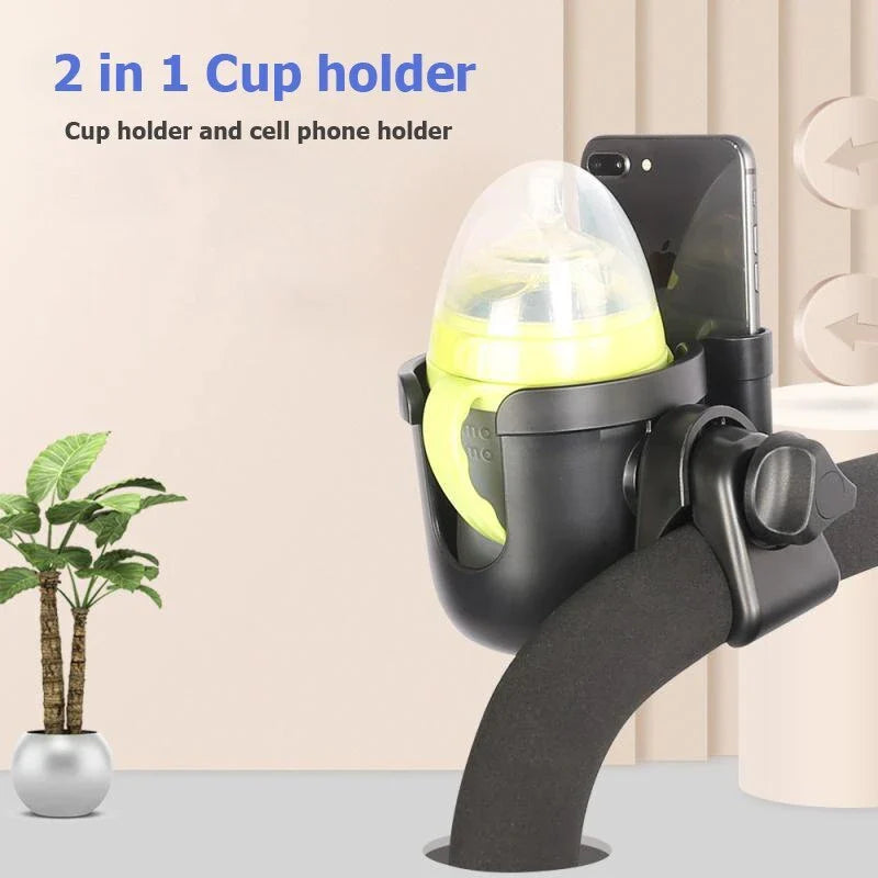 Universal baby stroller cup holder with phone pocket attached to a stroller