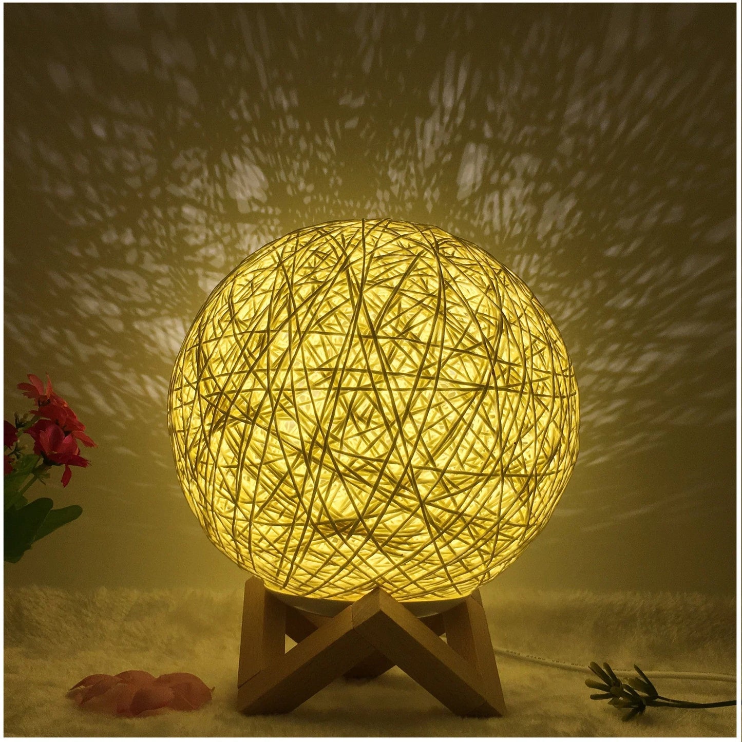 LED rattan table lamp with hand-knit lampshade in various colours