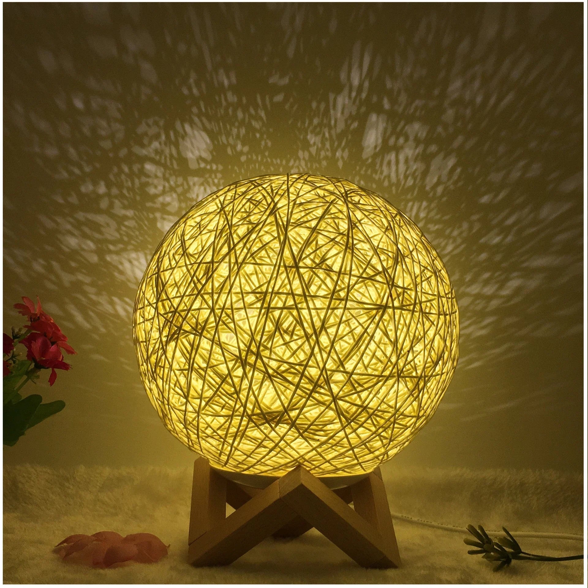 LED rattan table lamp with hand-knit lampshade in various colours