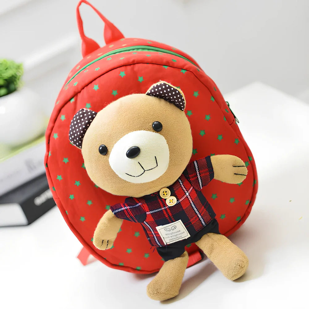 Cute cartoon bear toddler anti-lost backpack in navy striped pattern, small 20L size with double straps and rope buckle for safety