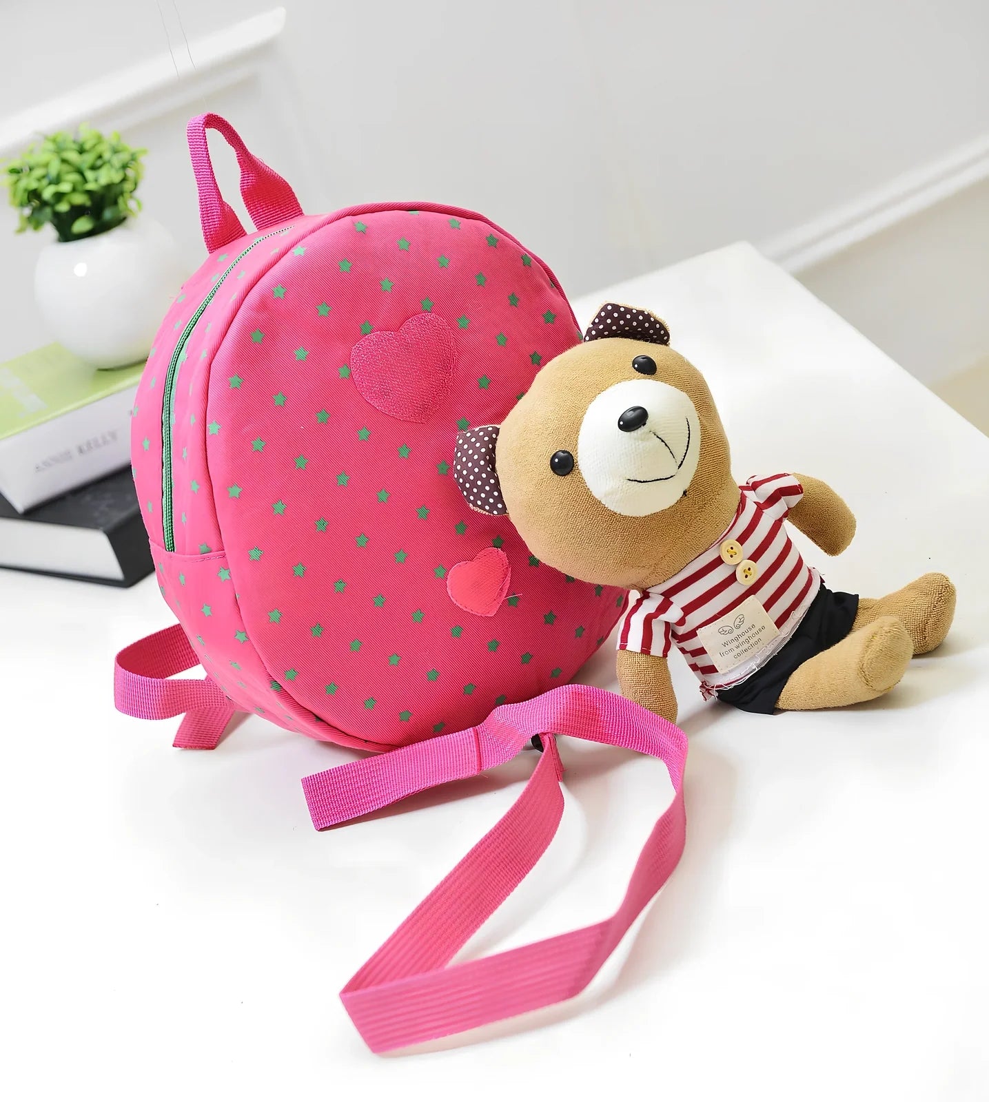 Cute cartoon bear toddler anti-lost backpack in navy striped pattern, small 20L size with double straps and rope buckle for safety