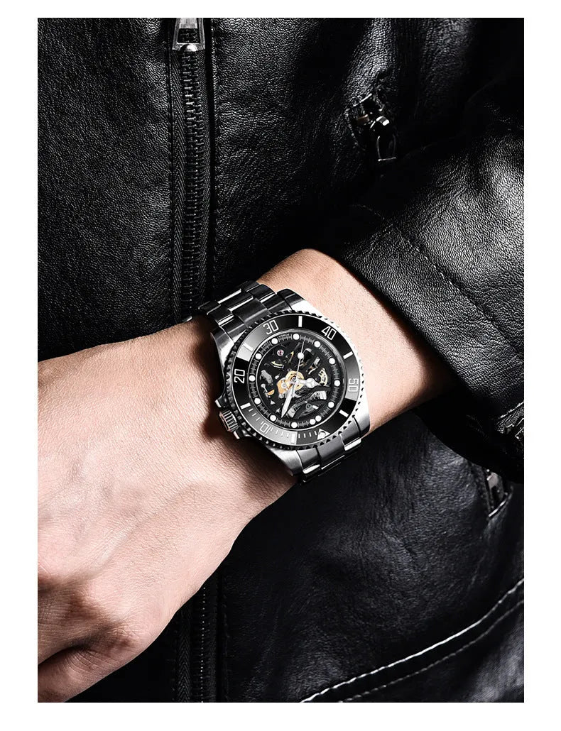 PAGANI steel band mechanical watch with luminous dial showing 43mm diameter