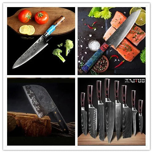 8-piece kitchen knife set showing chef knife, Japanese style blades, boning knife and fruit peel knife with measured blade lengths