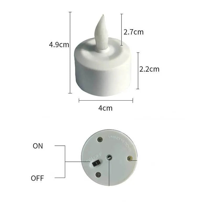 White plastic USB rechargeable LED candle lamp with flickering flame on plastic cup.