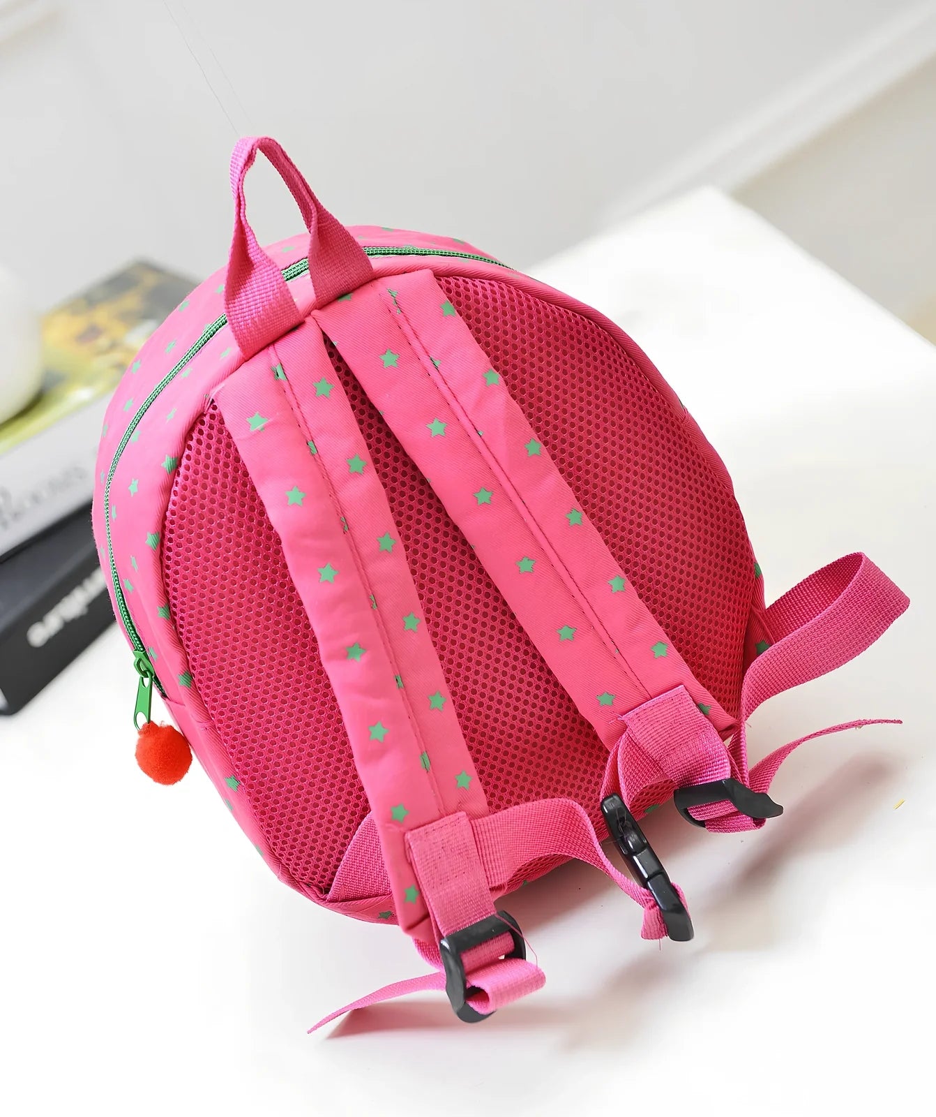 Cute cartoon bear toddler anti-lost backpack in navy striped pattern, small 20L size with double straps and rope buckle for safety