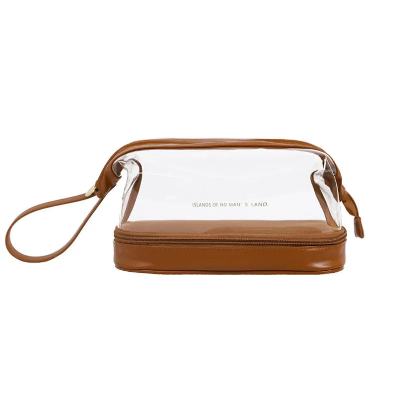 Double layer cloud transparent steel wire cosmetic bag in PU leather, with visible contents, four color options, compact size for travel