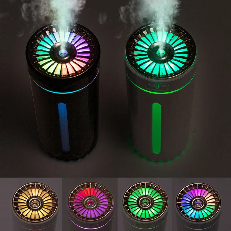 Portable ultrasonic humidifier with colorful lights, USB charging, and compact design for use in car or home