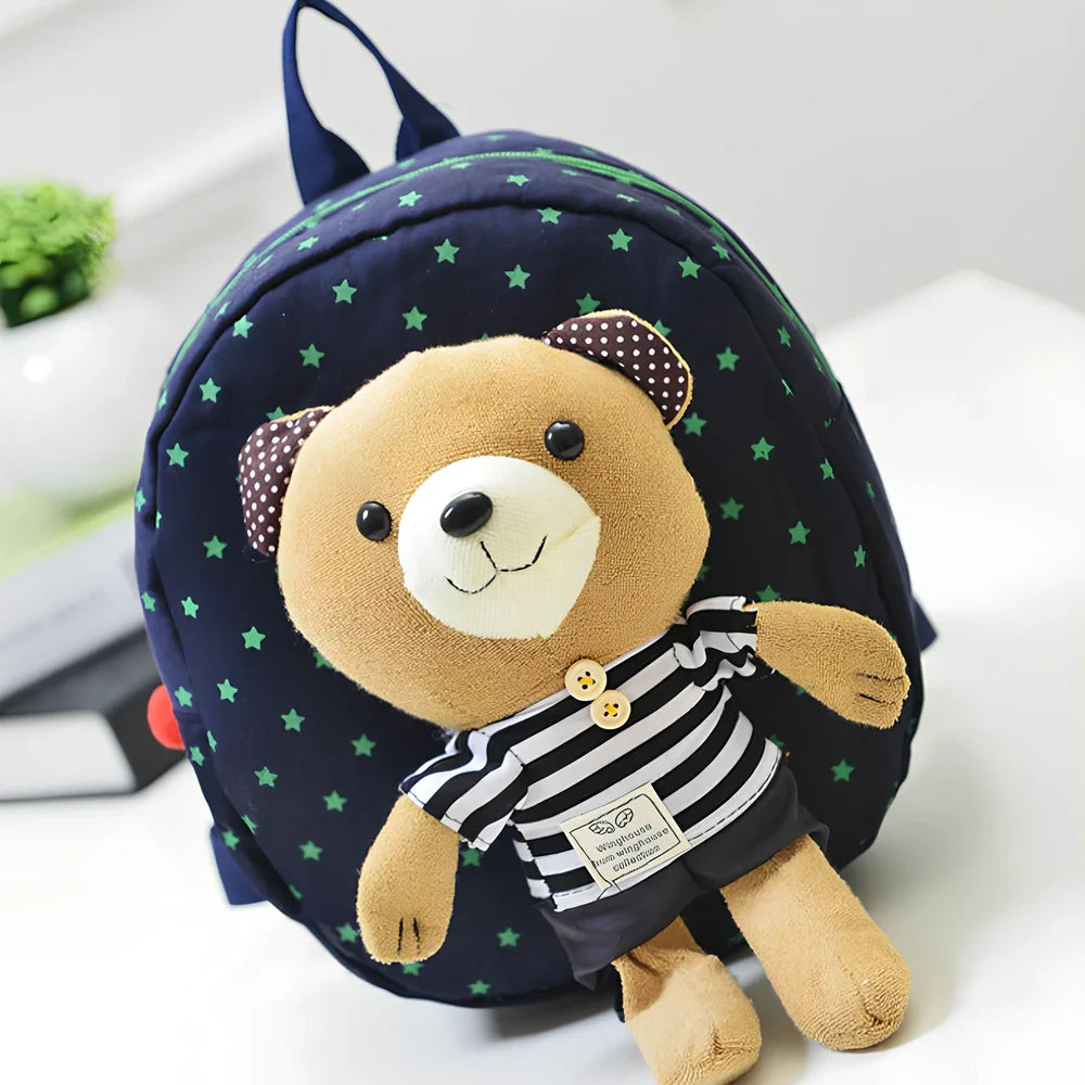 Cute cartoon bear toddler anti-lost backpack in navy striped pattern, small 20L size with double straps and rope buckle for safety