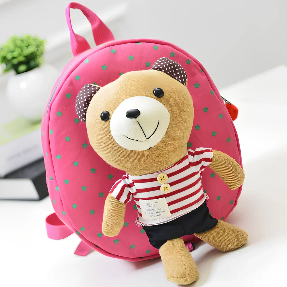 Cute cartoon bear toddler anti-lost backpack in navy striped pattern, small 20L size with double straps and rope buckle for safety