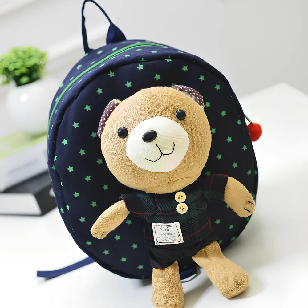 Cute cartoon bear toddler anti-lost backpack in navy striped pattern, small 20L size with double straps and rope buckle for safety
