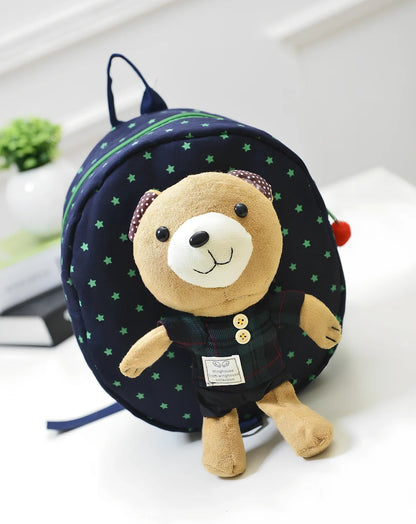 Cute cartoon bear toddler anti-lost backpack in navy striped pattern, small 20L size with double straps and rope buckle for safety
