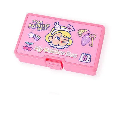 PVC cartoon sticker set with Korean-style cute girl designs and heart motifs in storage box