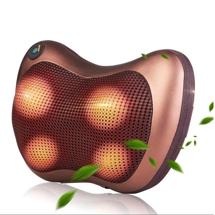 Electric infrared heating kneading massage pillow in black PU leather with shiatsu massage heads and car strap