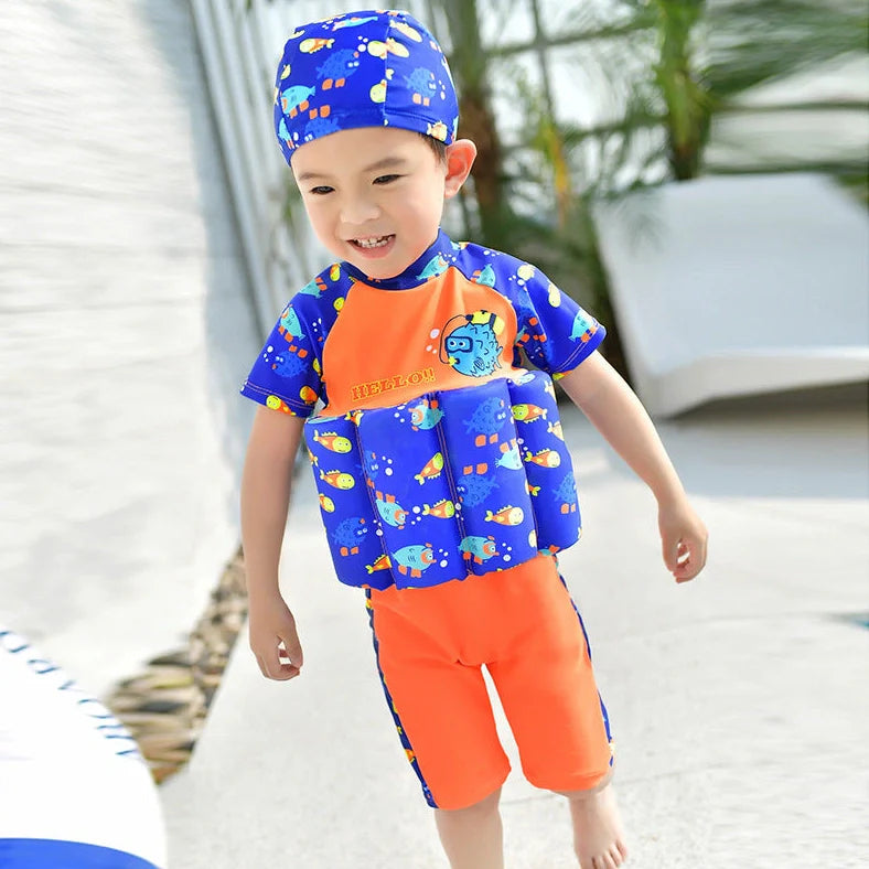 Red children's buoyancy swimsuit with dinosaur cartoon pattern for toddlers aged 1-7 years