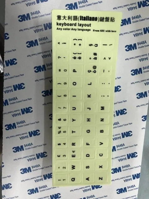 Yellow PVC keyboard stickers with glowing multilingual characters for desktop and laptop computers