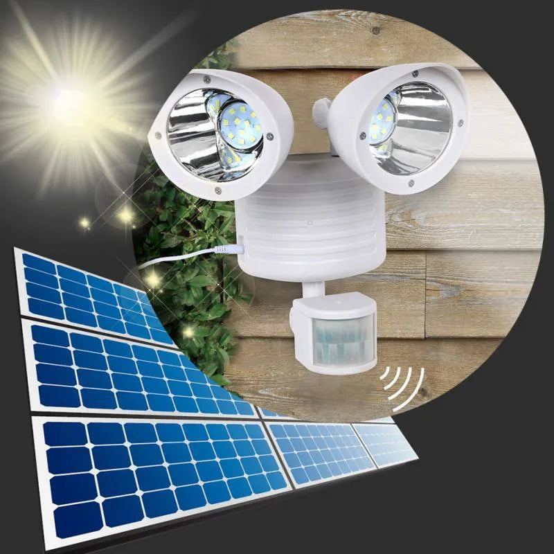 Black and white solar security spotlight with dual motion sensors for outdoor use