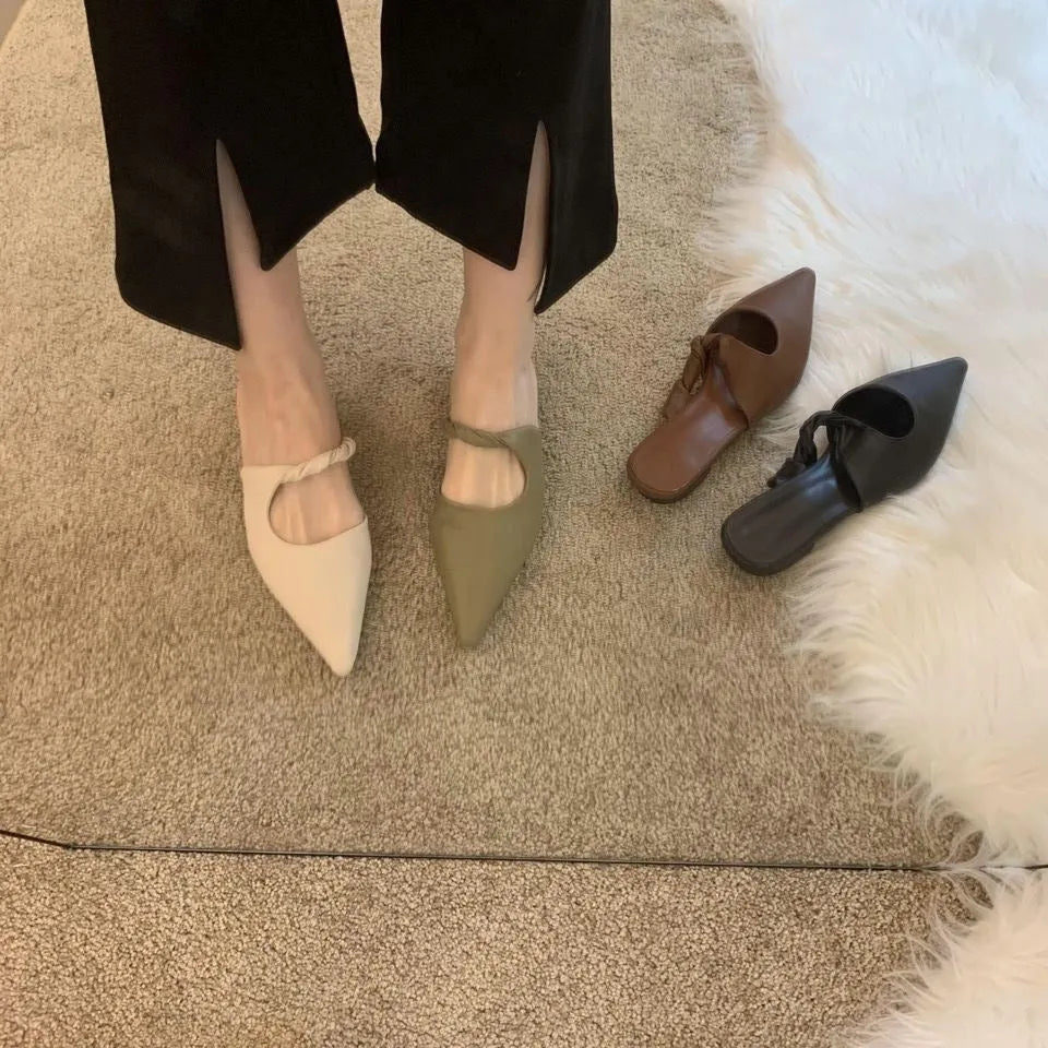 Women's soft leather slippers with semi-toe box design in four colour options