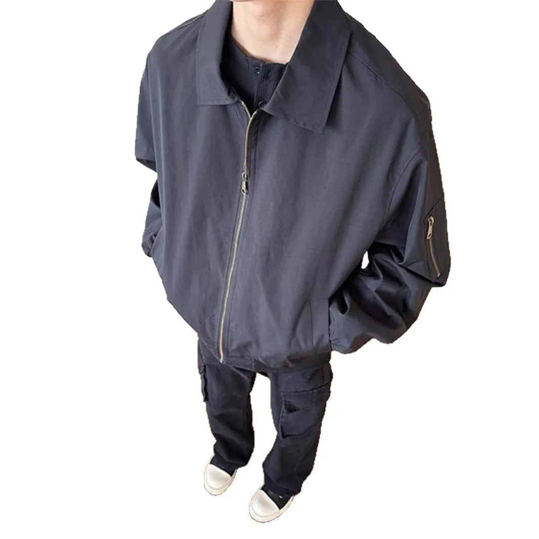 Navy blue short baseball uniform jacket for teenagers loose fit front view