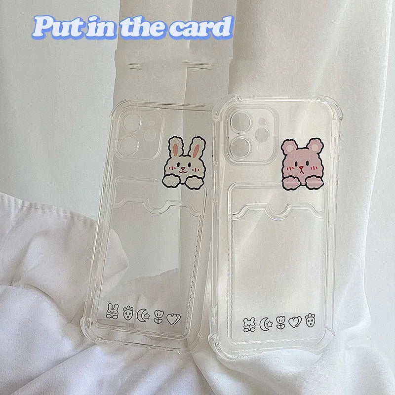 Clear cartoon-design iPhone case with a built-in card holder slot on the back.