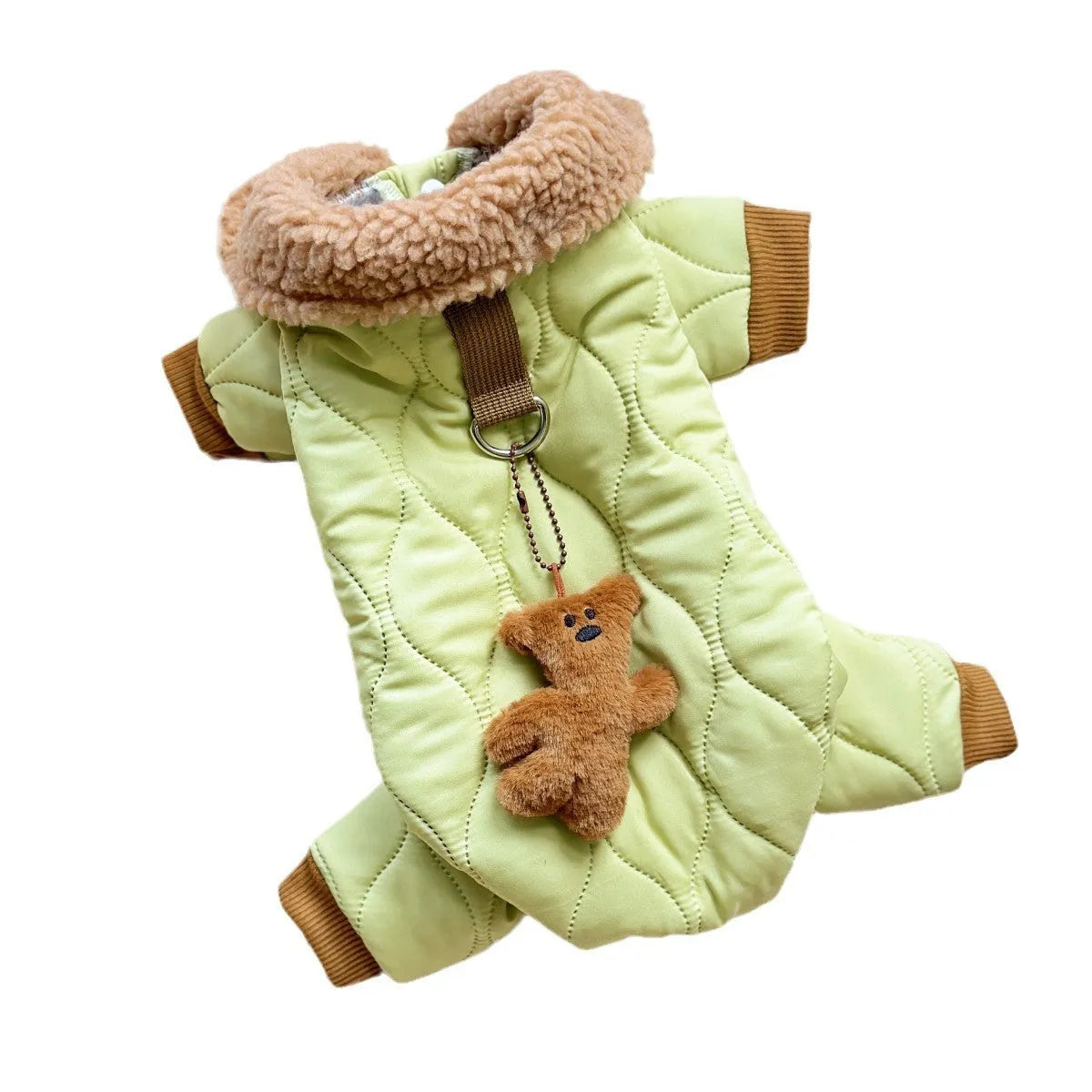 Light green cotton pet clothing with extra thick band and toy bear pendant on a dog