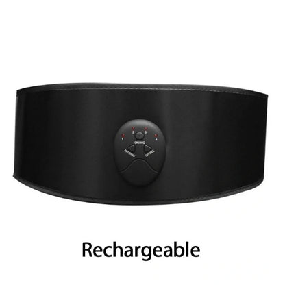 Black adjustable slimming belt with abdominal massage stick showing 110cm length and vibration controls