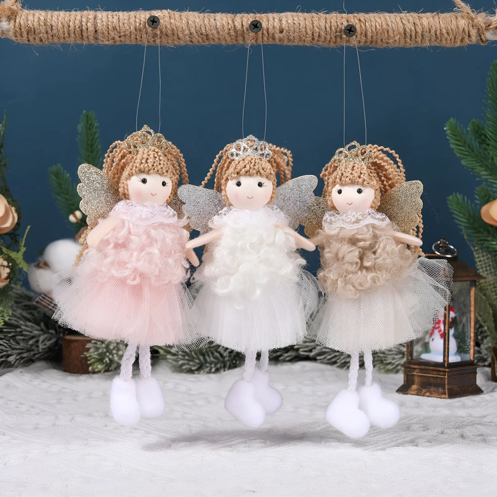 Cartoon angel cloth hair pendant for Christmas high ponytails in white, pink, and khaki.