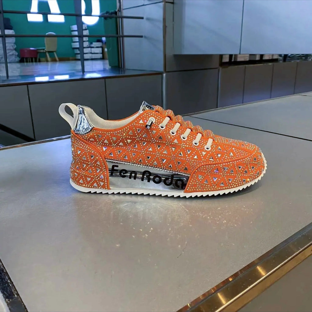 Men's slip-on breathable sneakers with mixed material upper and thick rubber sole, available in white, green, black, and orange