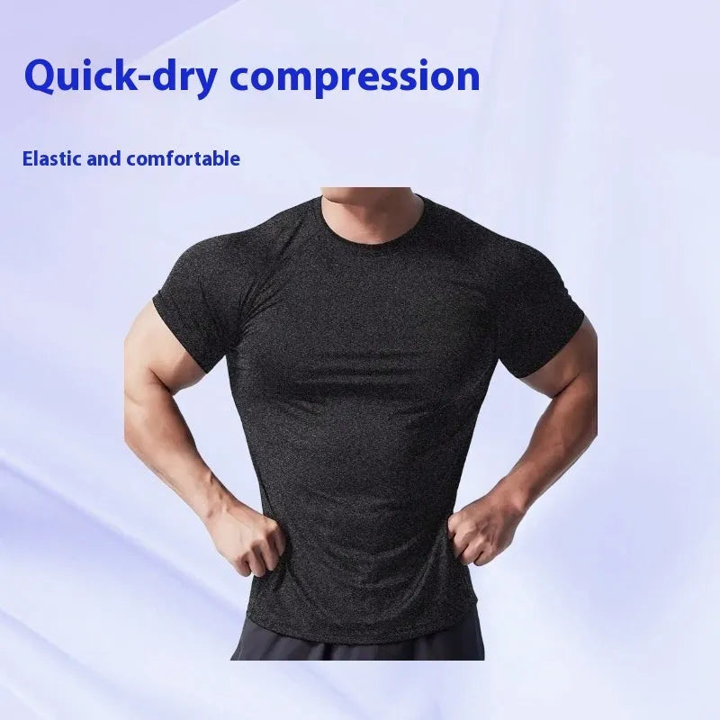 Men's stretch polyester short sleeve T-shirt in black, grey, green, or pink colours