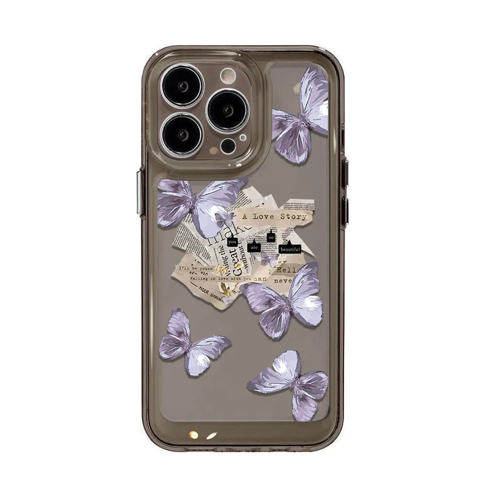 Ins style purple butterfly silicone phone case for iPhone - shockproof TPU anti-fingerprint black soft case