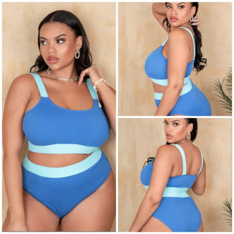 Women's solid colour polyester bikini set with high waist briefs and decorative stitching.
