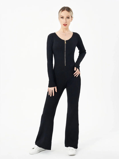 Zippered round neck flared trousers in black, white, khaki, and brown