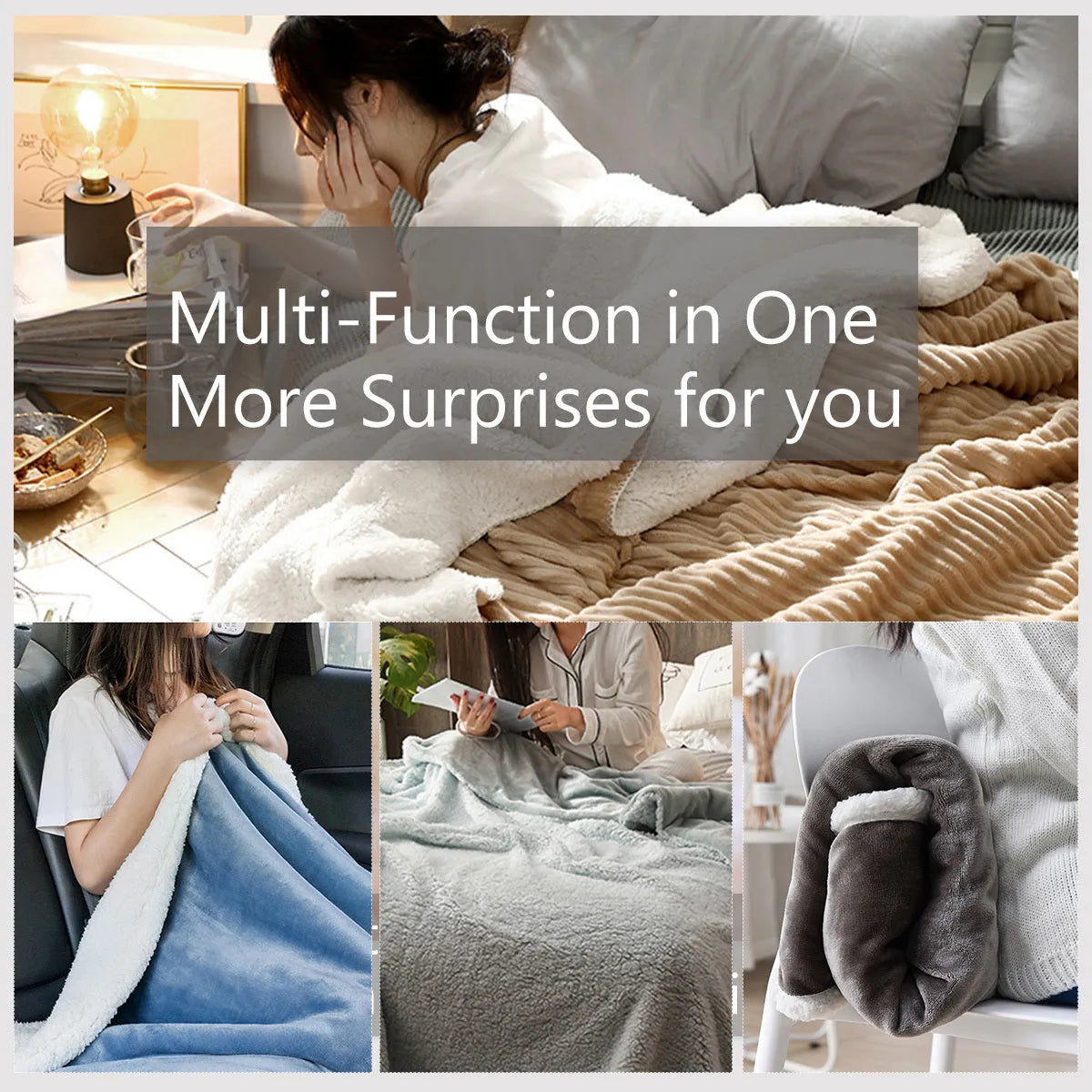 Black sherpa fleece blanket folded on a couch, soft fabric with hemmed edges.