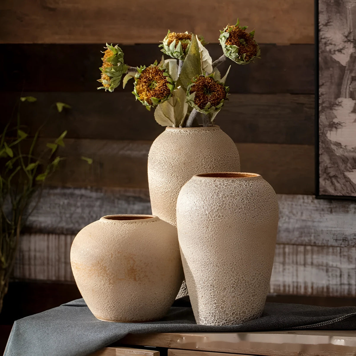 Handmade stoneware glazed vase in pastoral Chinese style, available in small, medium, and large sizes, with glass surface technology finish