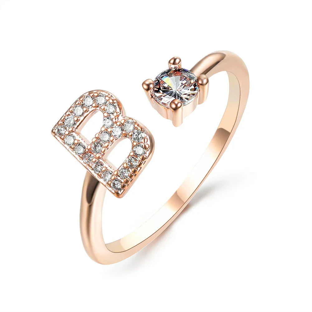 Elegant 26-letter adjustable initial ring in gold, silver, and rose gold finishes