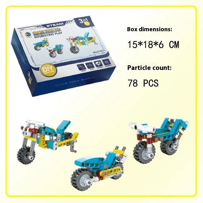 Three-in-one building block set compatible with Lego, plastic, 50-78 pieces, model measures 15x18x6 cm, colour box packaging