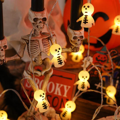 Battery-powered Halloween lighting chain with pumpkin, ghost, and bat-shaped LED lights