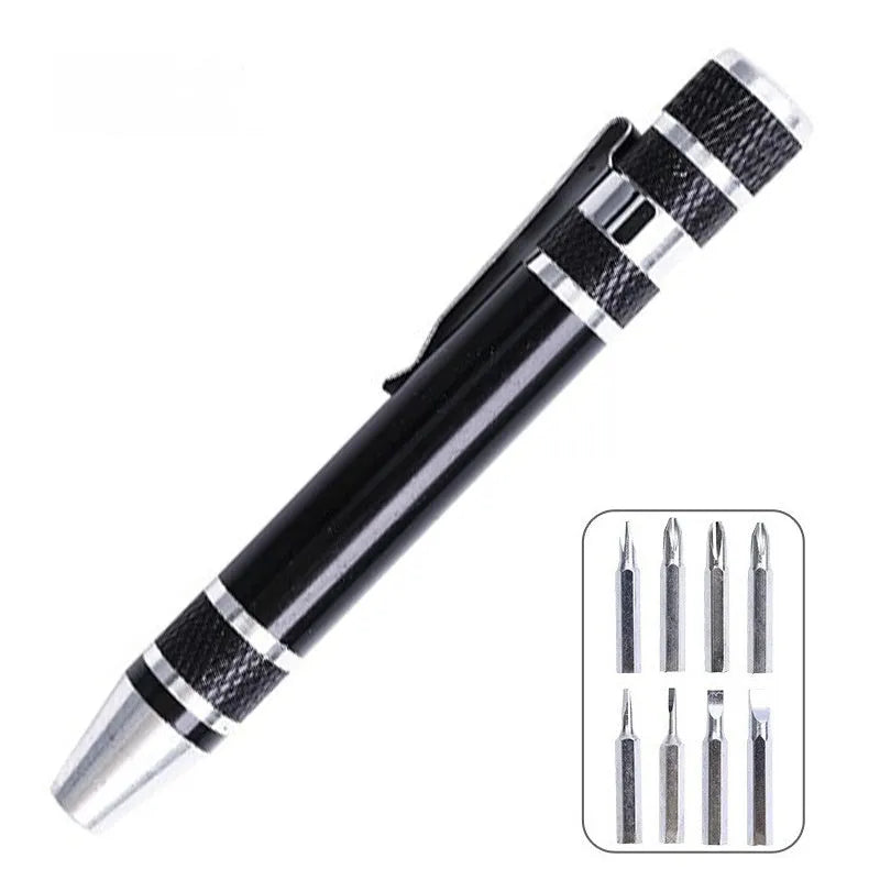 Aluminium alloy pen-style 8-in-1 screwdriver set with multiple bits and 107mm shaft.